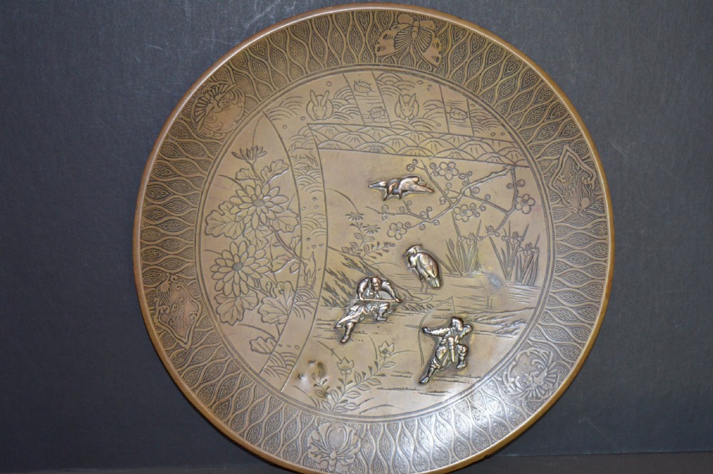 Large Japanese Bronze Charger, Silver Inlay,c1880