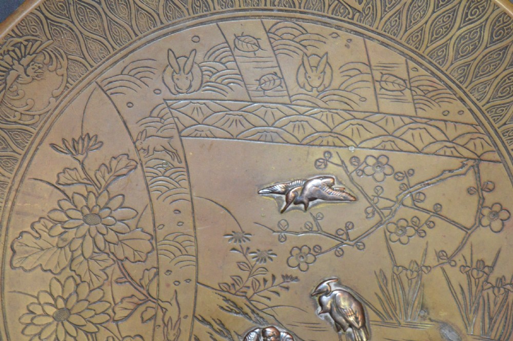 Large Japanese Bronze Charger, Silver Inlay,c1880 View III