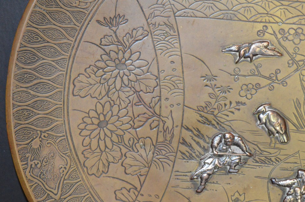 Large Japanese Bronze Charger, Silver Inlay,c1880 View IV