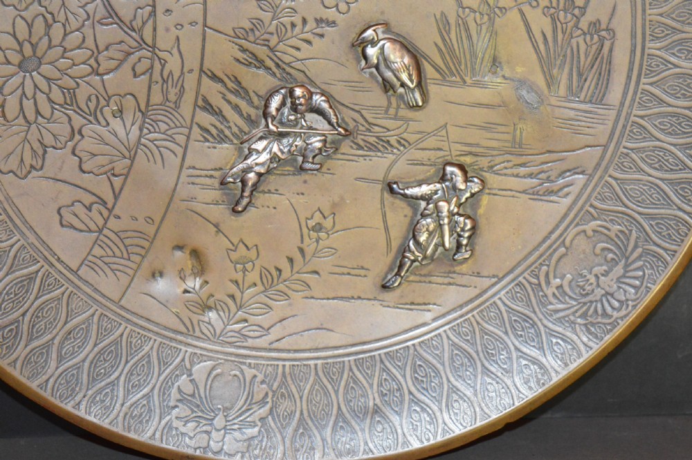 Large Japanese Bronze Charger, Silver Inlay,c1880 View V