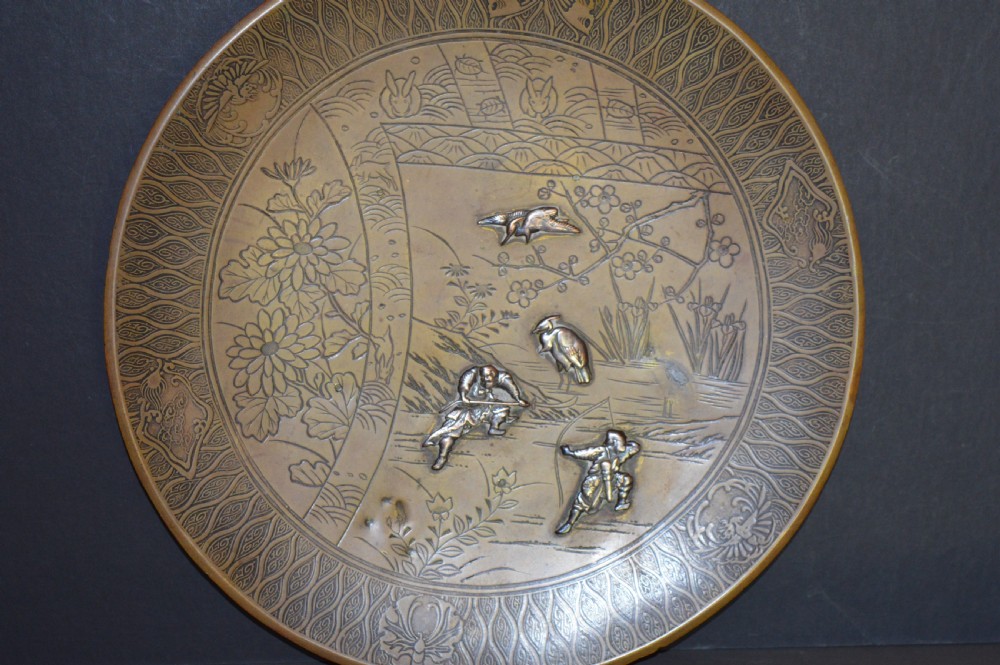 Large Japanese Bronze Charger, Silver Inlay,c1880 View VI