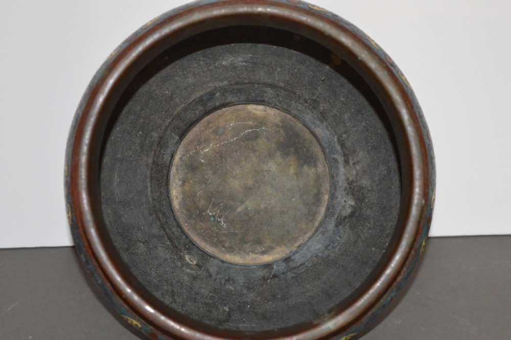 A late 19th-century Chinese bronze vessel decorated with cloisonne enamel bat motifs and geometric patterns in turquoise, blue, red, and yellow. View III