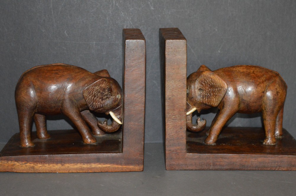 Pair (3kg) Carved Hardwood Indian Elephant Bookends,c1920 