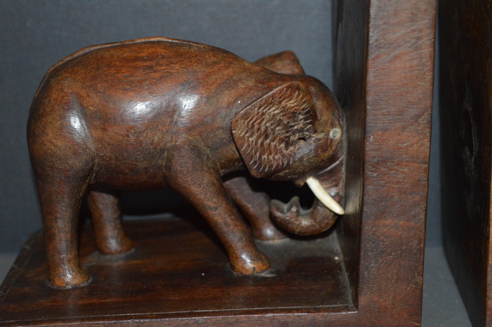 Pair (3kg) Carved Hardwood Indian Elephant Bookends,c1920  View II