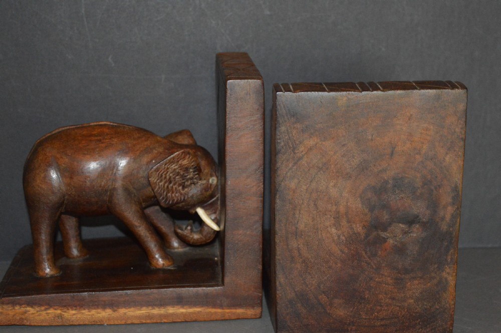 Pair (3kg) Carved Hardwood Indian Elephant Bookends,c1920  View IV