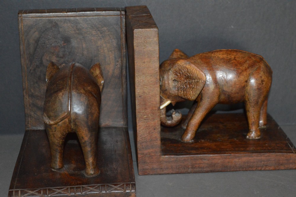 Pair (3kg) Carved Hardwood Indian Elephant Bookends,c1920  View V