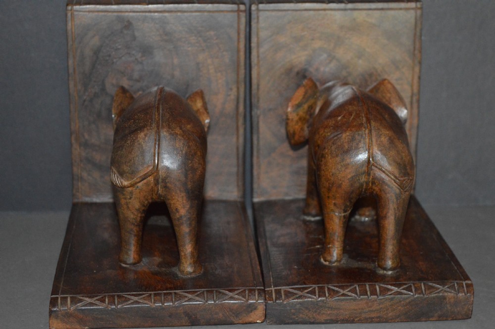Pair (3kg) Carved Hardwood Indian Elephant Bookends,c1920  View VI