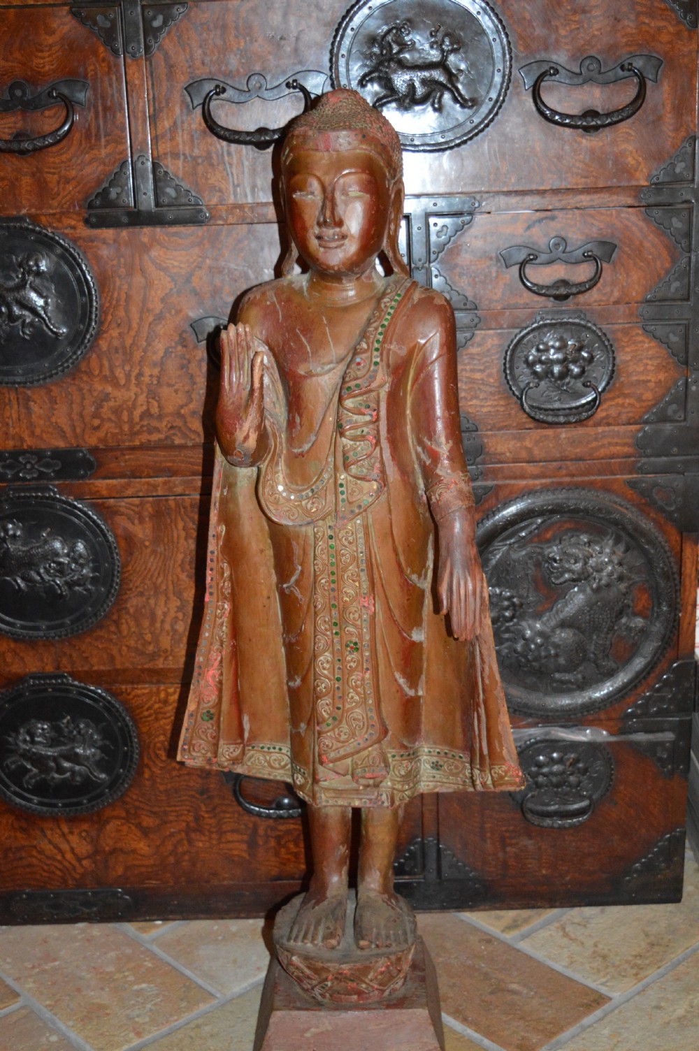 Large (94cm) Thai/Burmese Carved Standing Buddha Statue, c1880