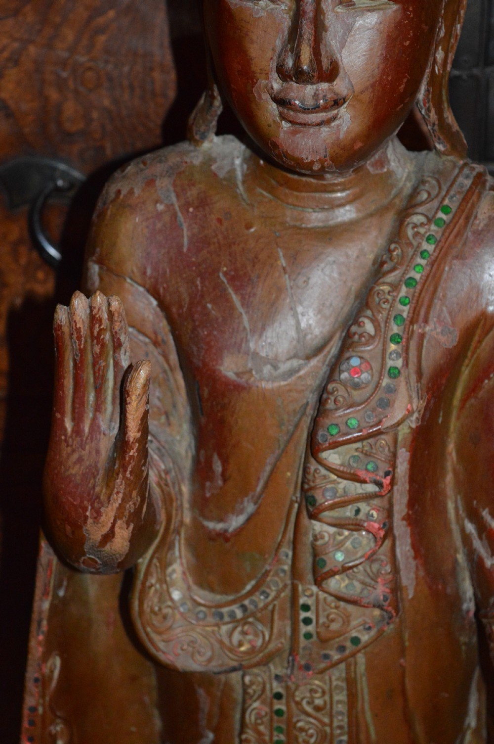 Large (94cm) Thai/Burmese Carved Standing Buddha Statue, c1880 View III