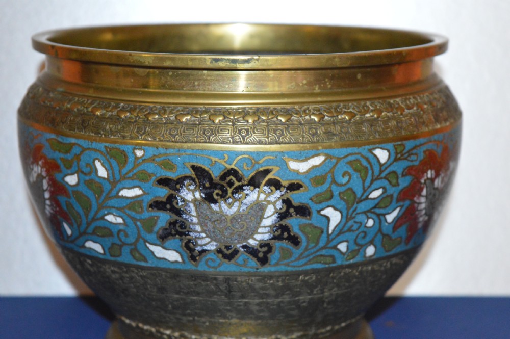 A rounded antique Chinese bronze and cloisonne enamel bowl featuring turquoise ground with floral scroll patterns and a brass rim and base. View II