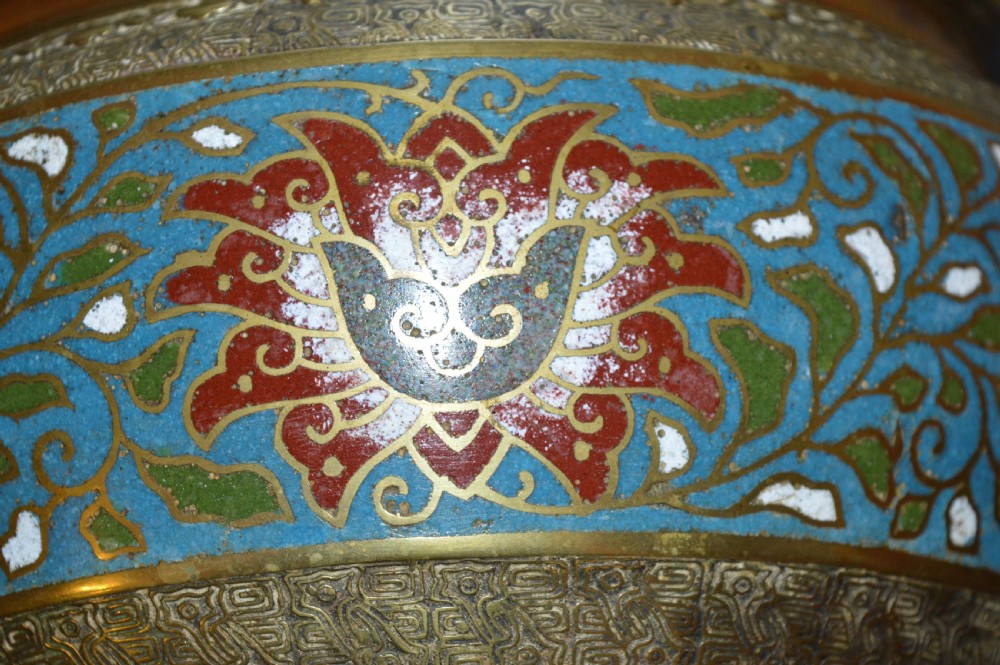 A rounded antique Chinese bronze and cloisonne enamel bowl featuring turquoise ground with floral scroll patterns and a brass rim and base. View VII