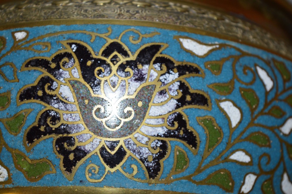 A rounded antique Chinese bronze and cloisonne enamel bowl featuring turquoise ground with floral scroll patterns and a brass rim and base. View VIII