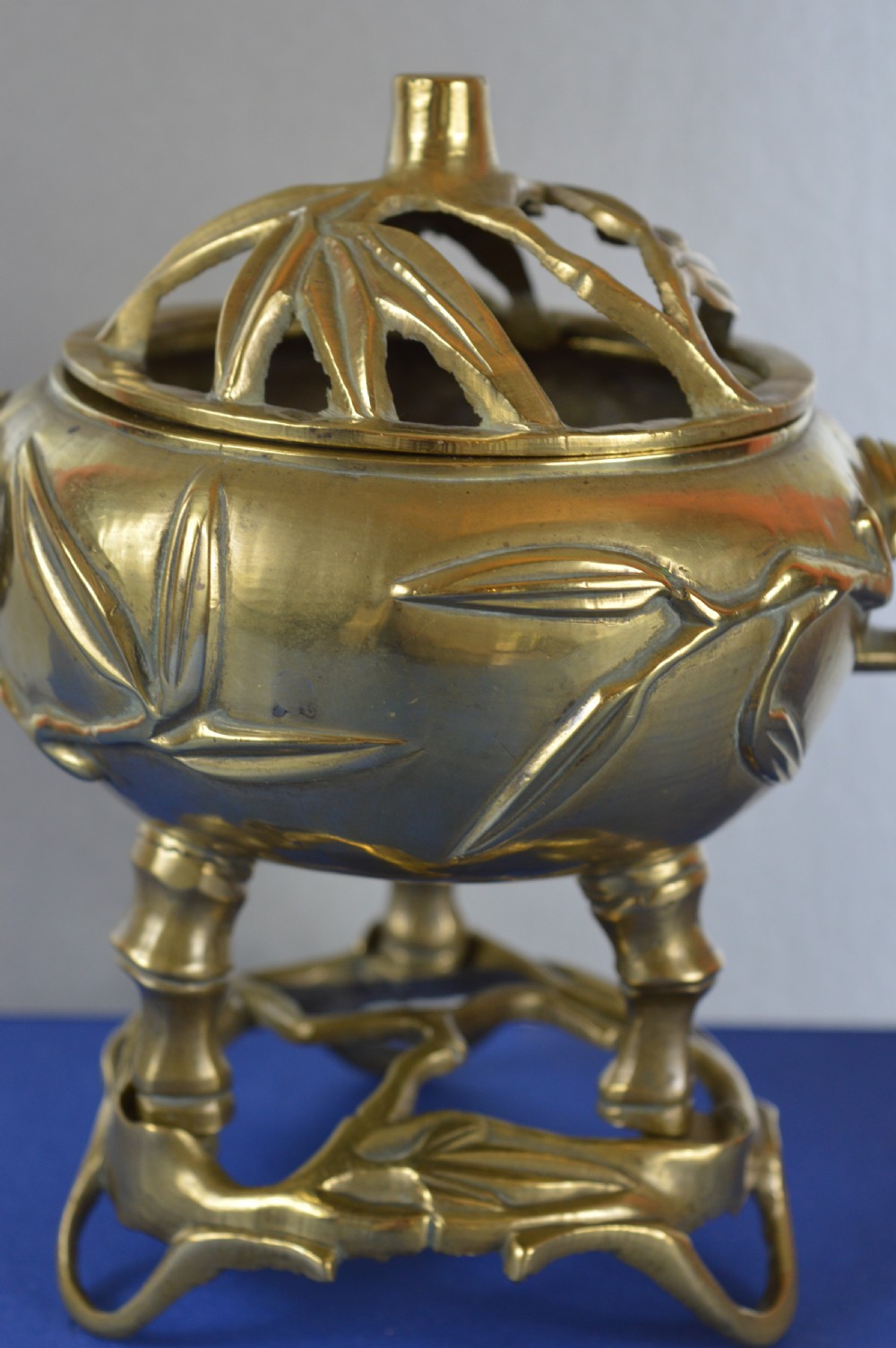 Chinese Bronze Censer on Stand, Bamboo Decoration, c1850