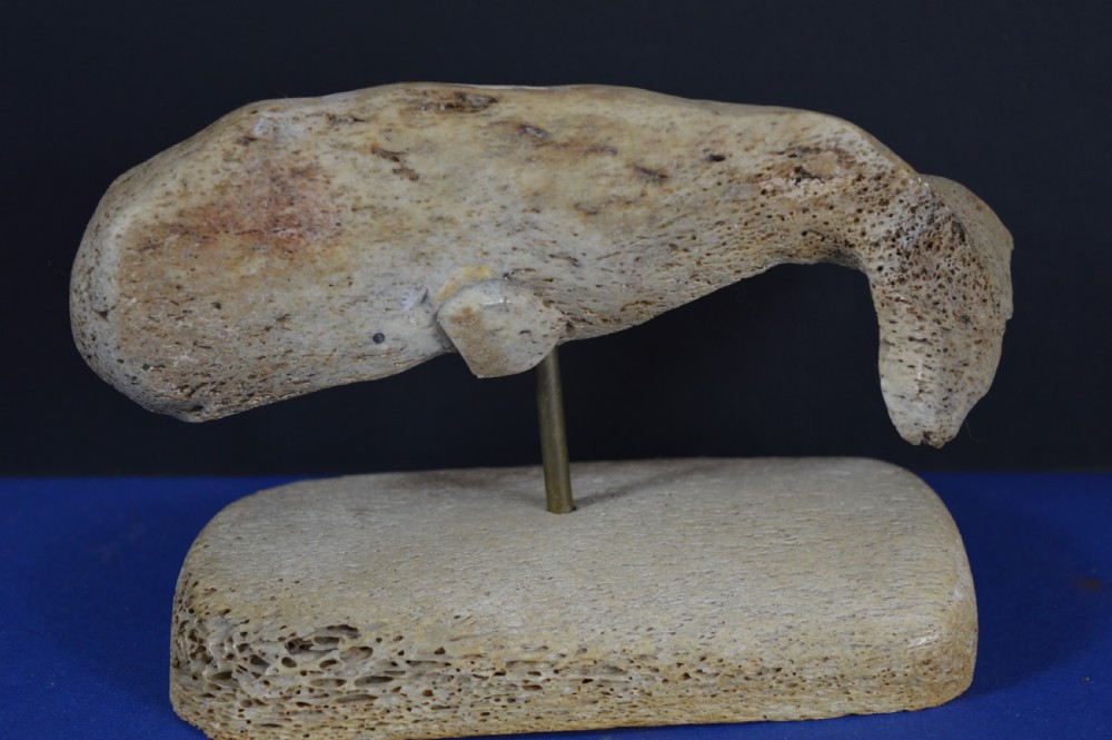 A hand-carved whale figure made from porous whalebone mounted on a metal pin above a rectangular bone plinth base.