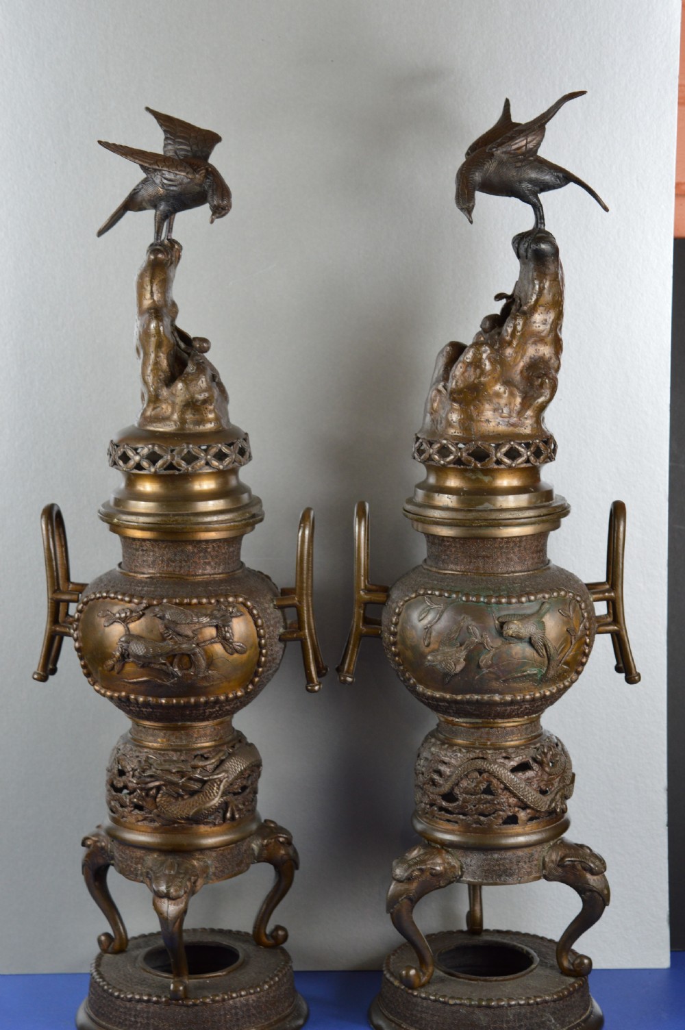 Pair Very Large (70cm) Japanese Bronze Koro/Censer,c1850