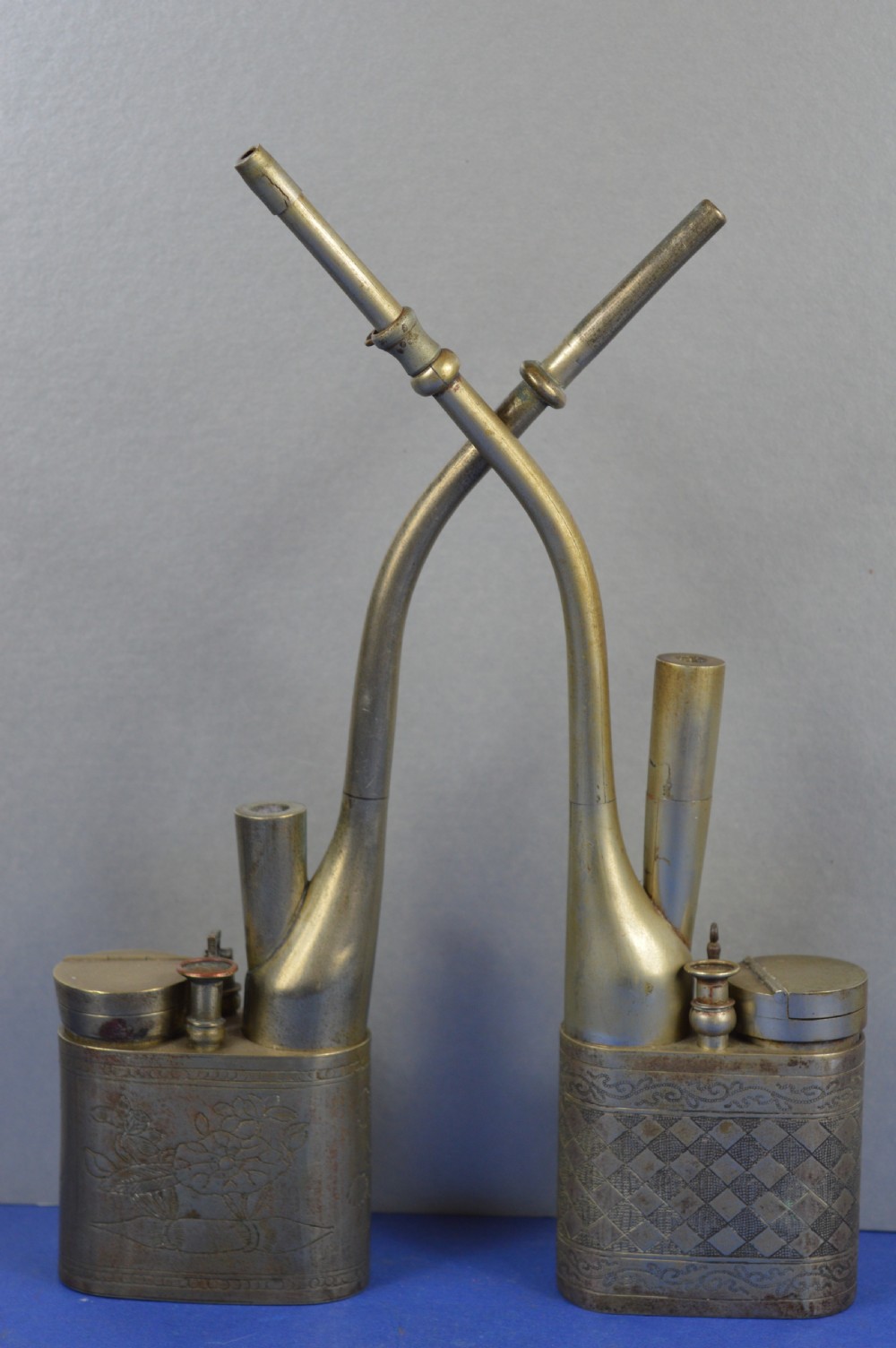 2 Chinese Metal Opium Pipes,c1890