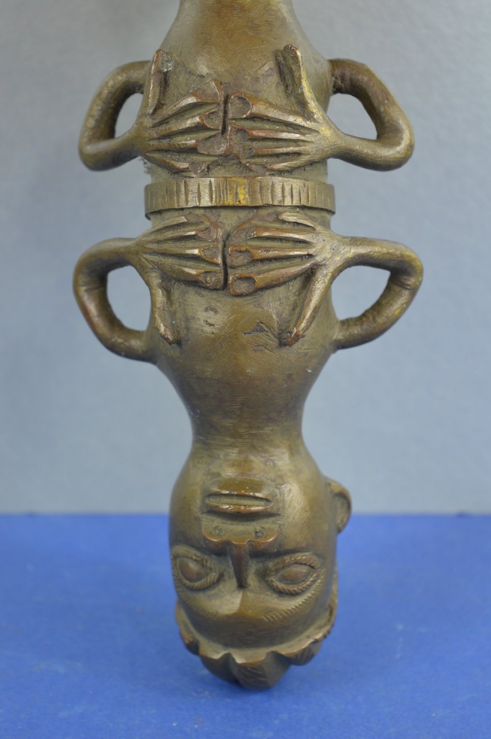 African Benin Double Ended Janus Form Bronze Statue, c1920 View III