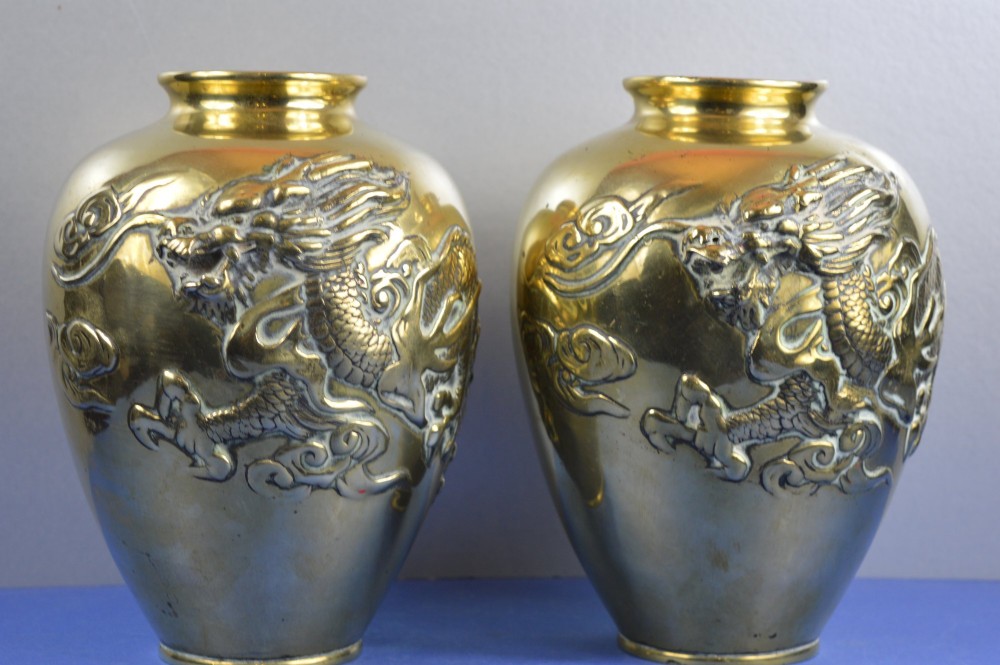 Pair Large (5kg) Chinese Gilt Bronze Dragon Vases,c1880