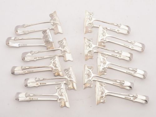 Unusual Set of 12 Edwardian Serving Tongs, Circa 1905