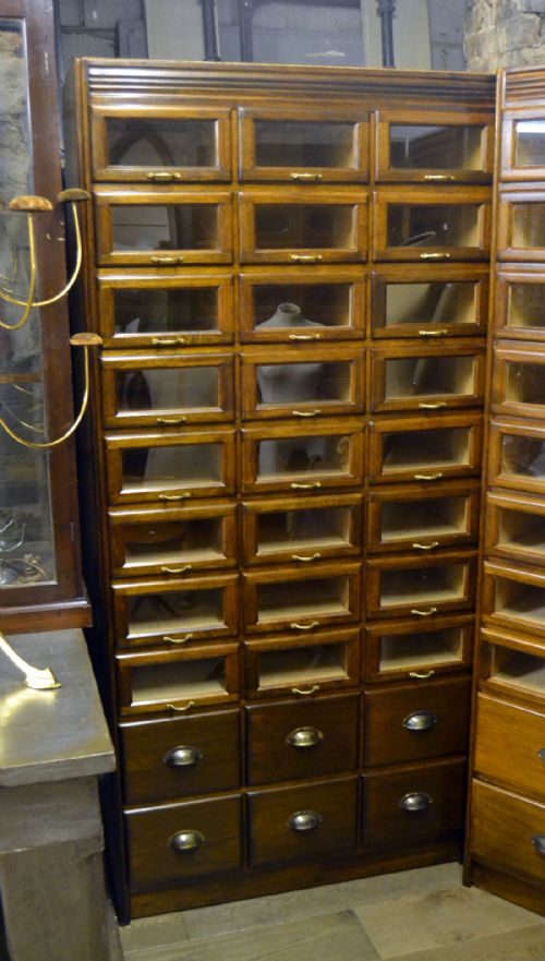 Tall Dark Oak Haberdashery Drapers Shop Cabinet