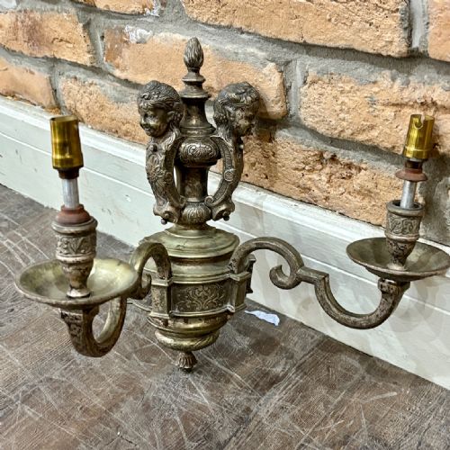 2 ANTIQUE ORNATE BRASS CHERUB WALL SCONCE - ADDITIONAL PHOTO 1