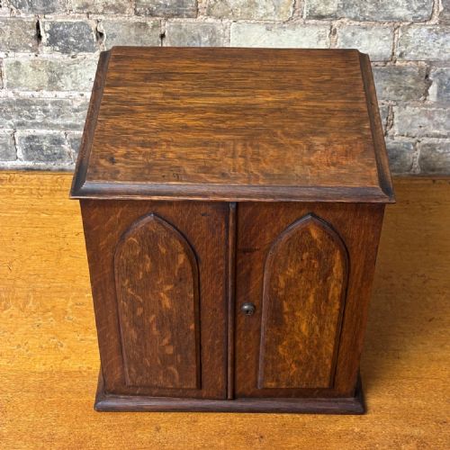 ANTIQUE OAK TABLE CABINET WITH GOTHIC PANEL DOORS - ADDITIONAL PHOTO 2