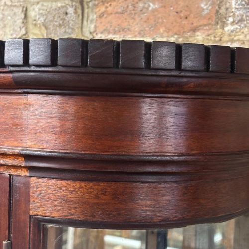 fig 3. A tall Edwardian mahogany two-part display cabinet with curved glass sides, glazed doors, adjustable glass shelves, and brass escutcheons.
