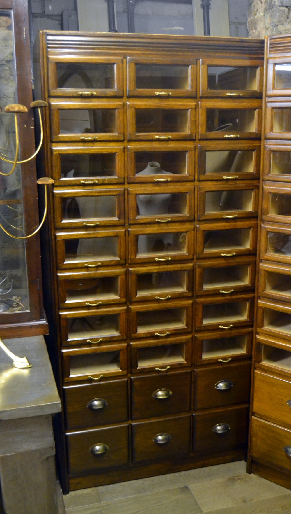Tall Dark Oak Haberdashery Drapers Shop Cabinet