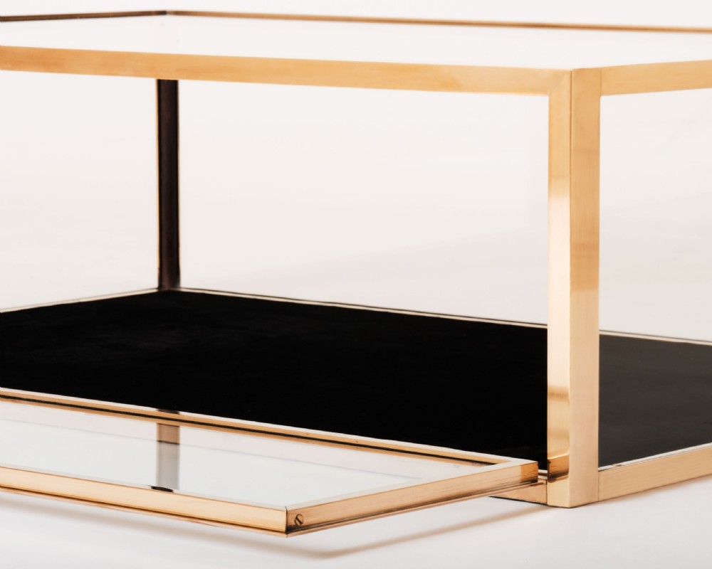A rectangular clear glass display case with a brass frame and a black velvet-lined bottom surface. View V