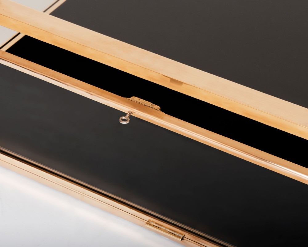 A rectangular clear glass display case with a brass frame and a black velvet-lined bottom surface. View III