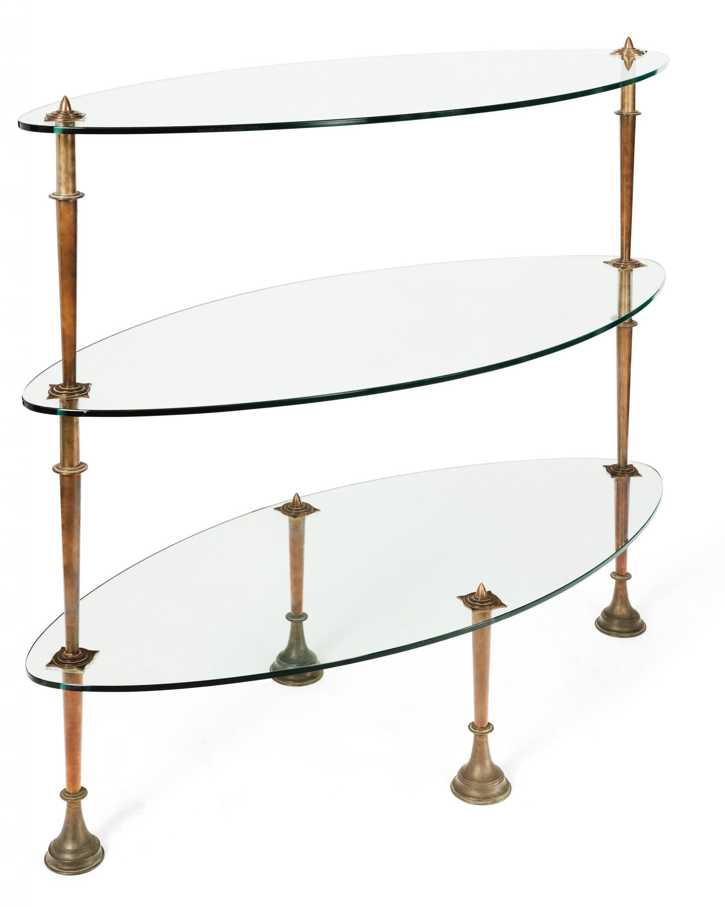 A three-tiered Art Deco display shelf featuring oval clear glass surfaces supported by tapered bronze upright columns with decorative finials and flared bases.