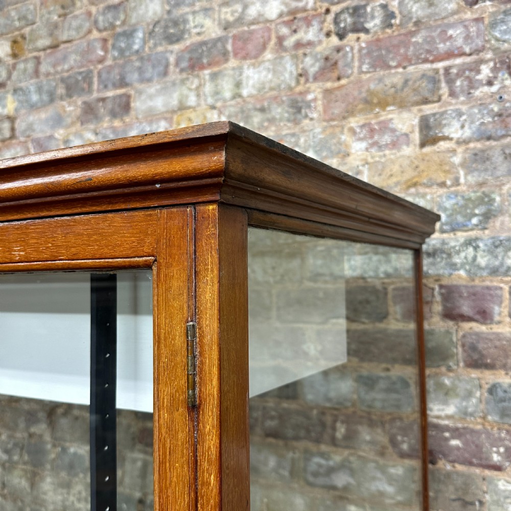 A tall glazed mahogany shop display cabinet featuring double glass doors, side glass panels, and internal metal shelf brackets on a plinth base. View IV