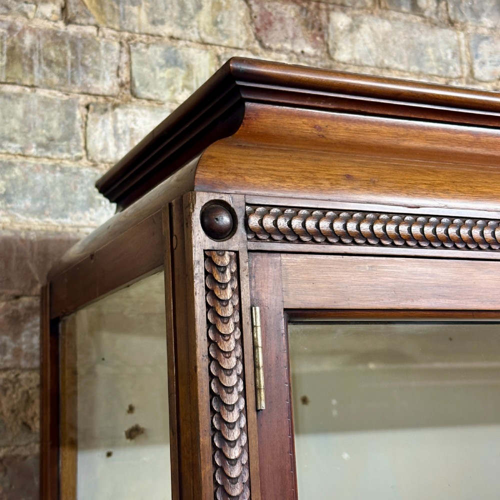 A tall dark mahogany glazed shop display cabinet featuring two full-length glass doors and internal brass ratchet supports. View V