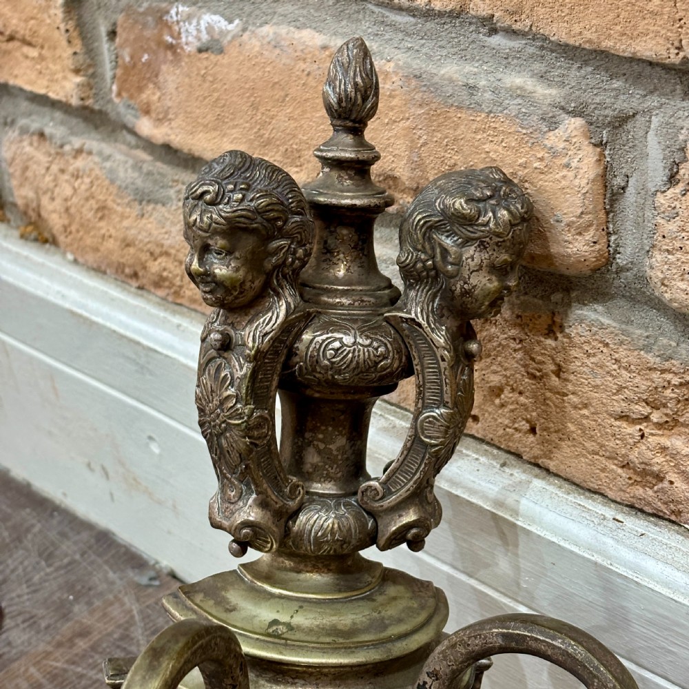 A pair of ornate cast brass twin-arm wall sconces featuring sculpted cherub heads and decorative scrolling branches. View III