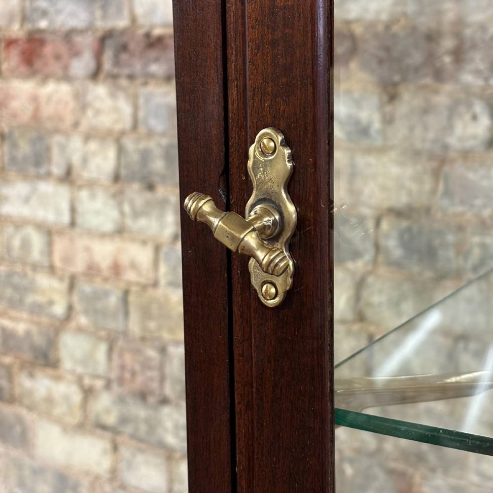 A tall freestanding Edwardian mahogany shop display cabinet with curved glass front, glass side panels, and brass adjustable shelf supports. View V