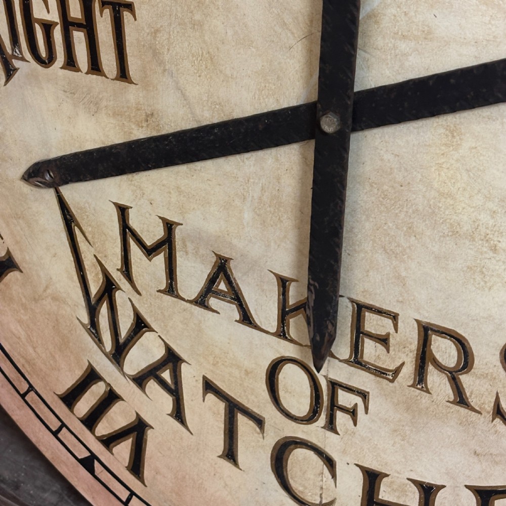 A large circular painted clock face featuring Roman numerals and hand-lettered text reading J Masters London, Right On Time, Makers of Watches. View II