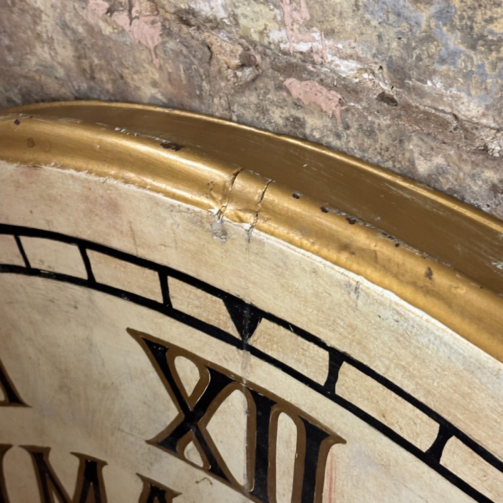 A large circular painted clock face featuring Roman numerals and hand-lettered text reading J Masters London, Right On Time, Makers of Watches. View III