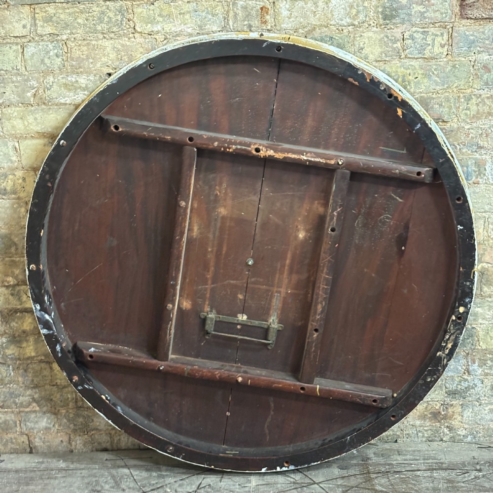 A large circular painted clock face featuring Roman numerals and hand-lettered text reading J Masters London, Right On Time, Makers of Watches. View IV