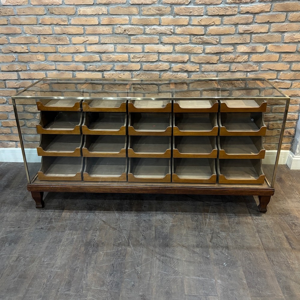 1920s Brass and Mahogany Counter with Oak Interior