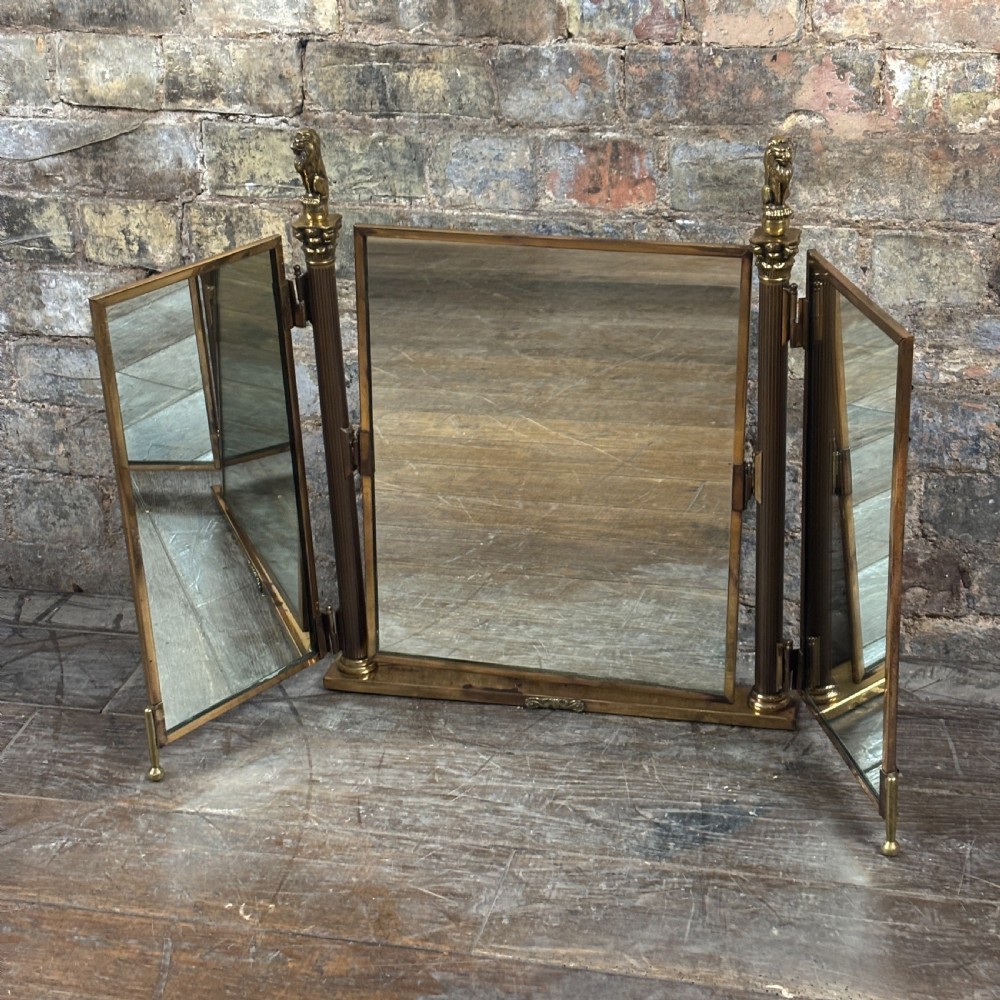 1910s Brass Triple Vanity Mirror with Lion Finials