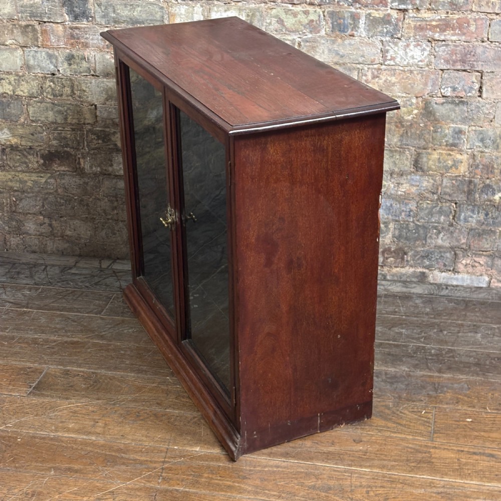 A 1920s dark oak countertop display cabinet featuring twin glazed doors with a central brass catch and internal shelving. View V