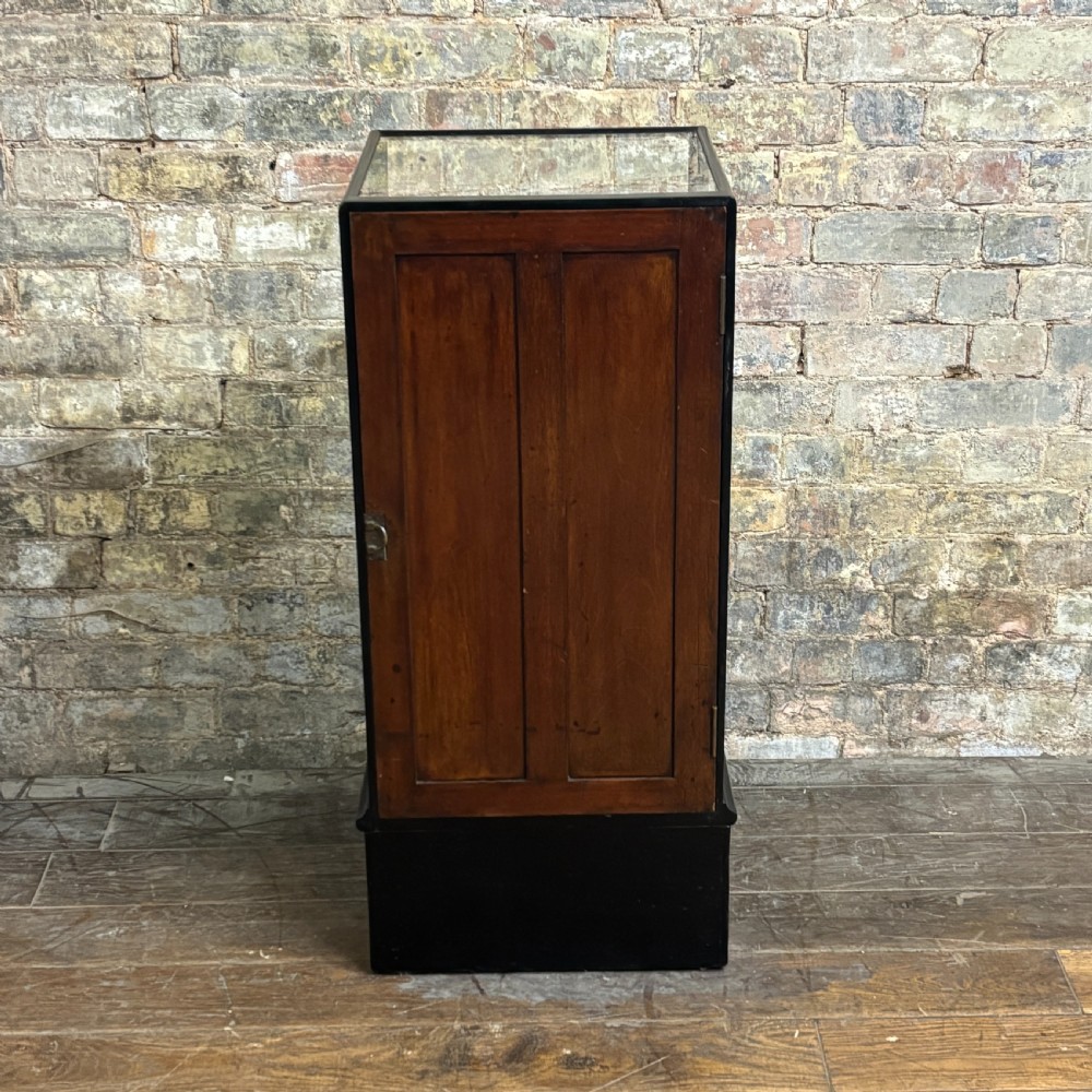 A vertical ebonised wooden countertop display cabinet featuring glazed sides, a central glass shelf, and a mirrored back. View IV