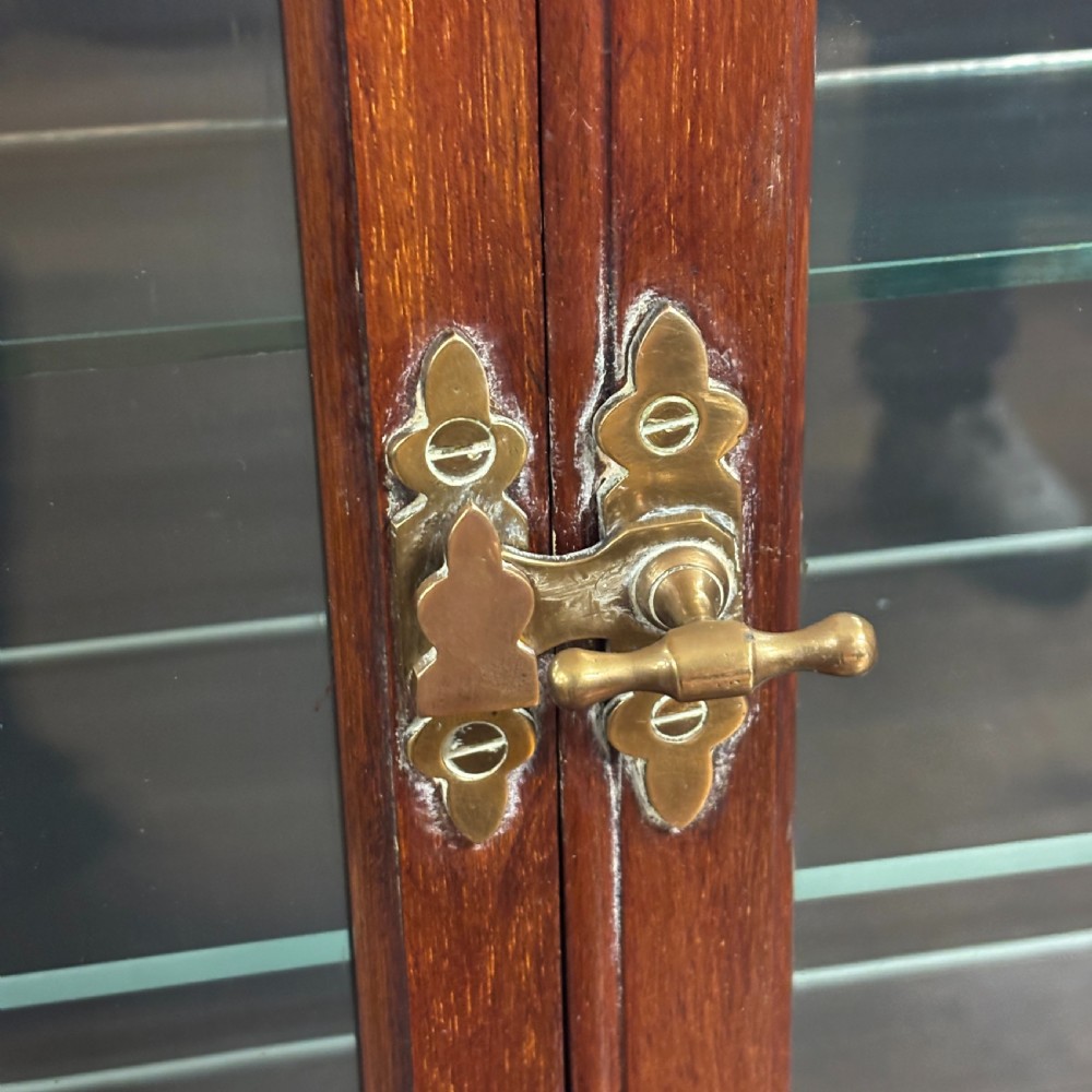 An early 20th-century wall-mounted mahogany cabinet featuring double glazed doors enclosing numerous glass shelves with brass fittings. View II