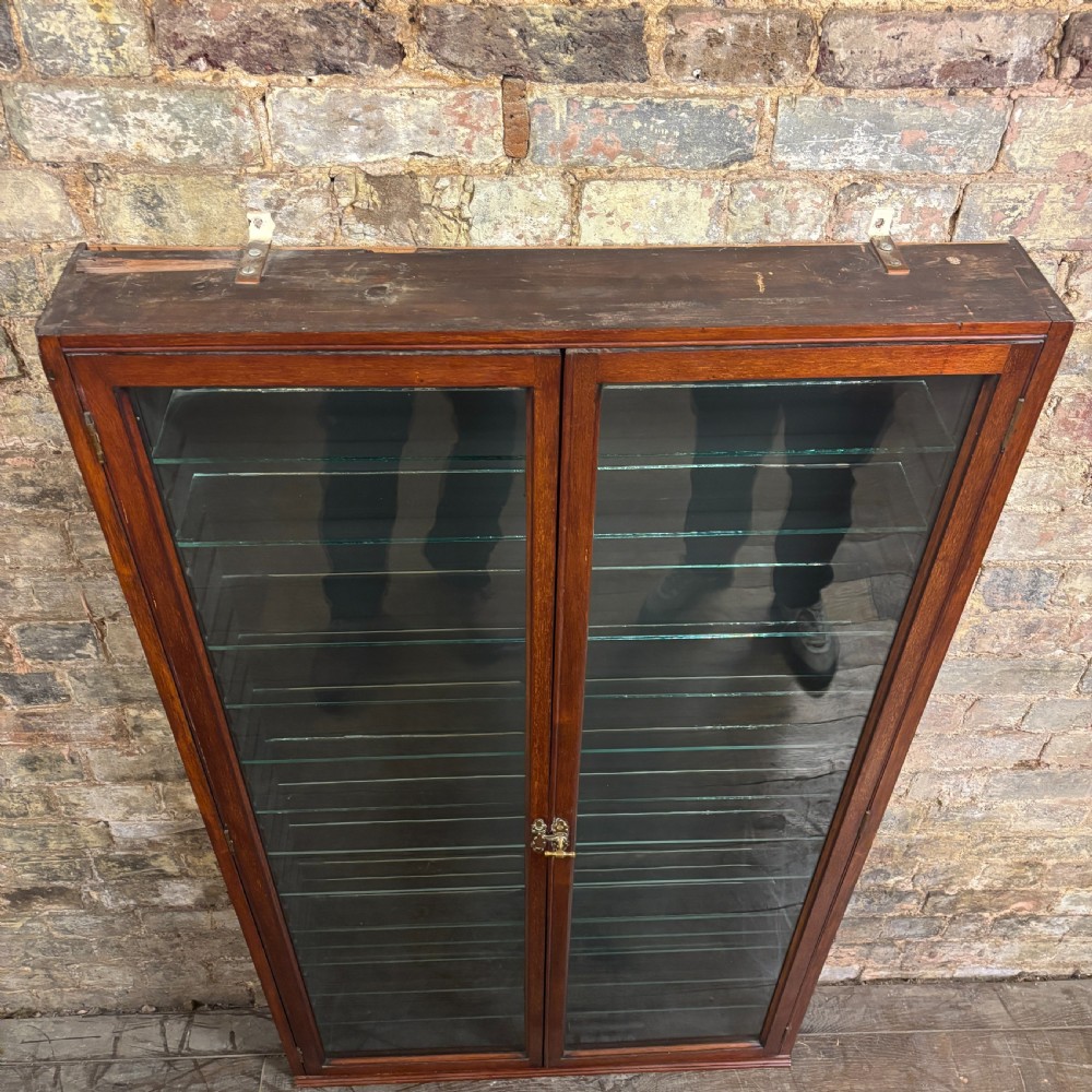 An early 20th-century wall-mounted mahogany cabinet featuring double glazed doors enclosing numerous glass shelves with brass fittings. View III
