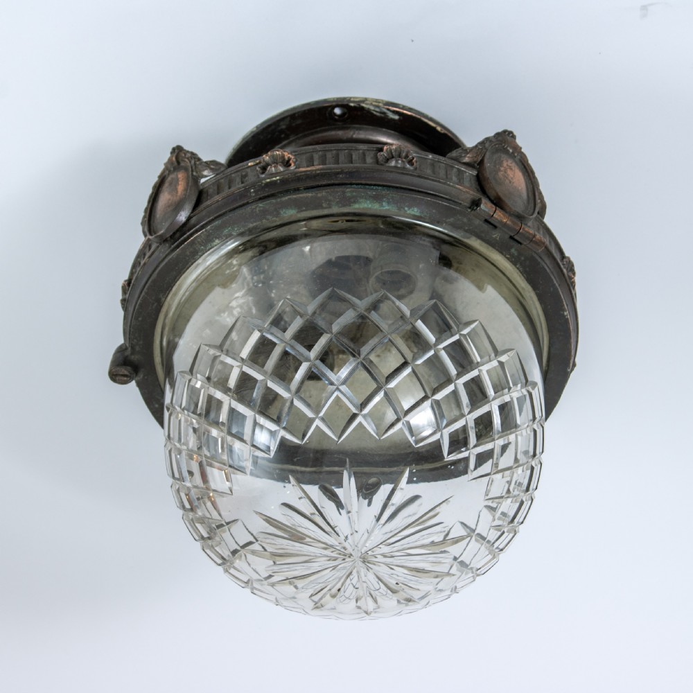 1910s Bronze & Hand Cut Crystal Ceiling Light
