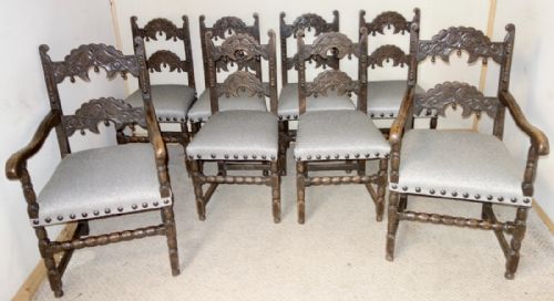 set of 8 carved oak derbyshire chairs - CATEGORY: ANTIQUE CHAIRS - DATED 1910