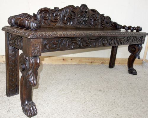 VICTORIAN CARVED DARK OAK BENCH - ADDITIONAL PHOTO 10