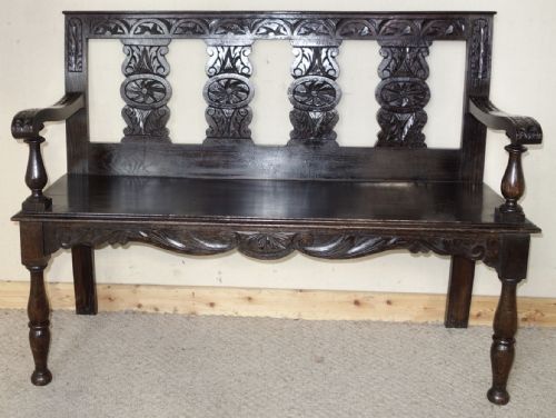 victorian carved dark oak hall seat bench - CATEGORY: ANTIQUE FURNITURE - DATED VICTORIAN