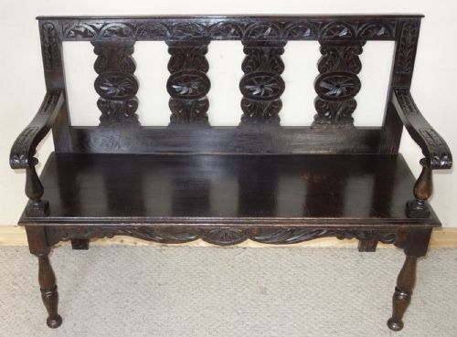 VICTORIAN CARVED DARK OAK HALL SEAT BENCH - ADDITIONAL PHOTO 1