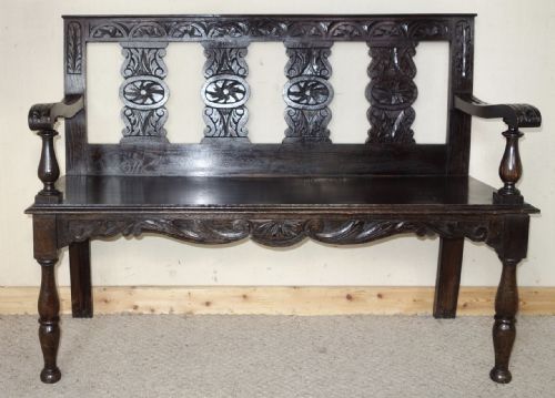 VICTORIAN CARVED DARK OAK HALL SEAT BENCH - ADDITIONAL PHOTO 2